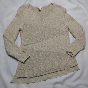 CHICO’S womens SWEATER cream V-NECK silver TEXTURED tan CAREER SIZE 1